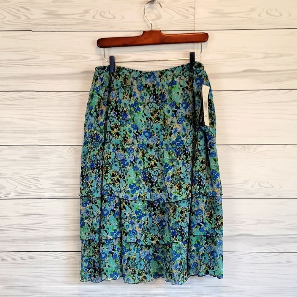 Notations NWT Floral Print Midi Skirt Blue & Green Womens Size L